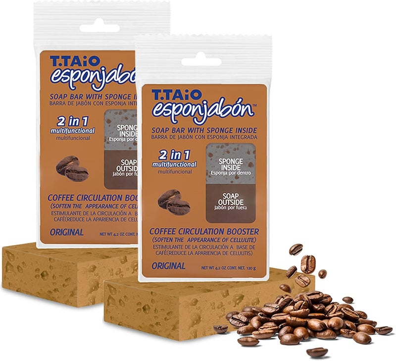 T. Taio Coffee Esponjabon Soap Sponge - Cleansing Shower Scrubber - Cleaning Bath Wash Scrub - Oil Removal - Massage & Lather Foot, Elbow, & Face - Bathroom Accessories (2-Pack) - Image 1